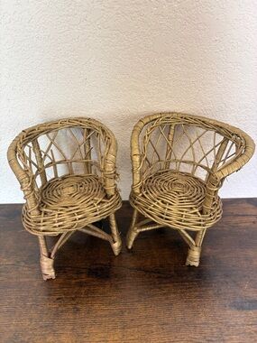 Pair of Wicker Doll Chairs in Natural Brown, 5” Height